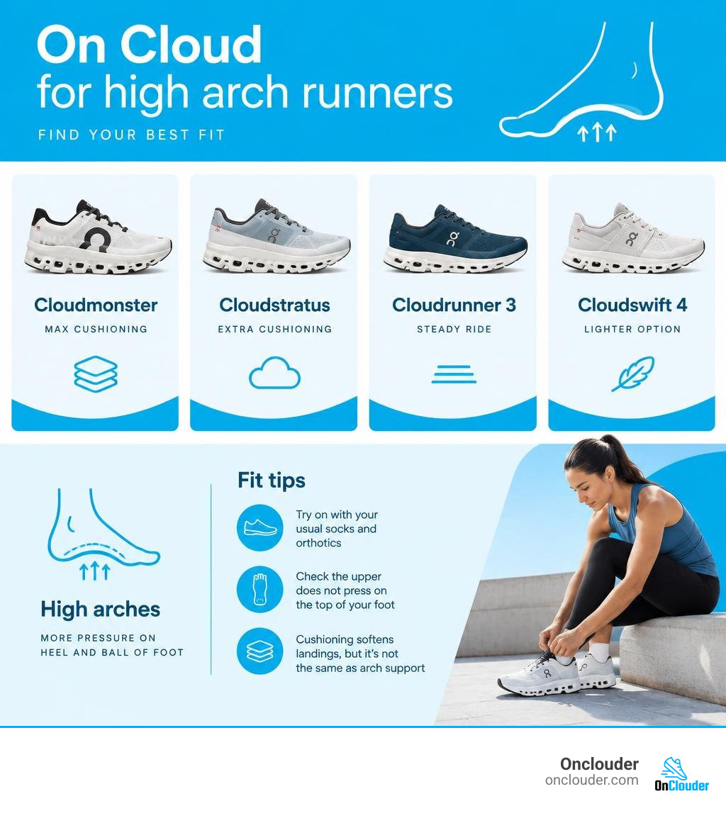 High-arch shoe guide comparing cushioned Cloudmonster and Cloudstratus, steady Cloudrunner 3, and lighter Cloudswift 4 High-arch shoe guide comparing cushioned Cloudmonster and Cloudstratus, steady Cloudrunner 3, and lighter Cloudswift 4