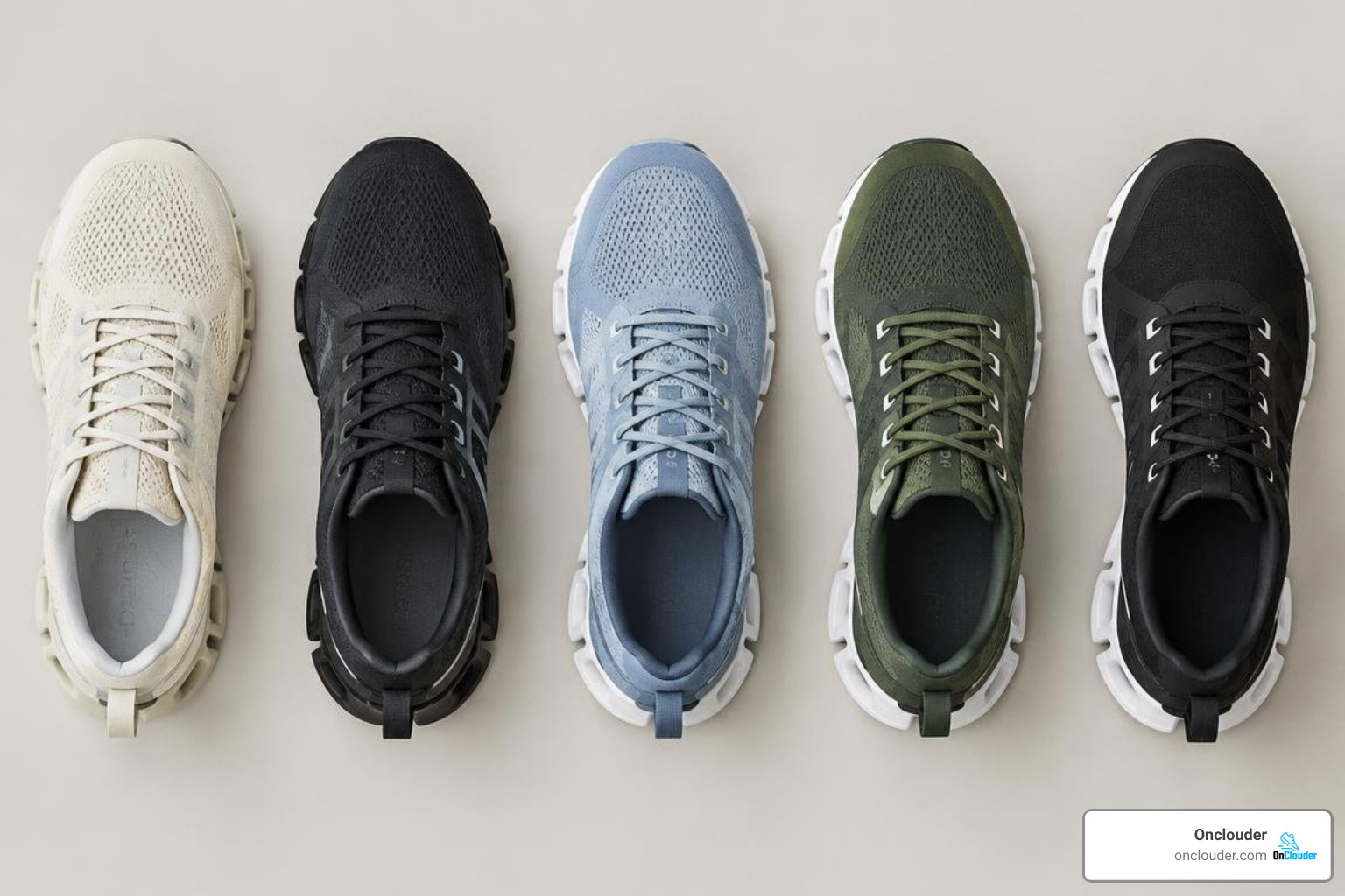 top On Cloud running shoes lined up top On Cloud running shoes lined up