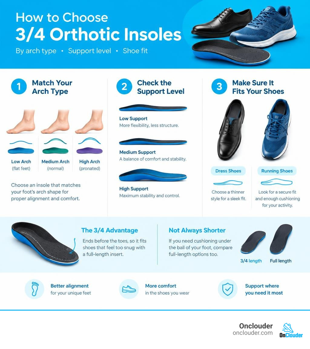 How to choose a 3/4 orthotic insole by arch type, support level, and shoe fit infographic How to choose a 3/4 orthotic insole by arch type, support level, and shoe fit infographic