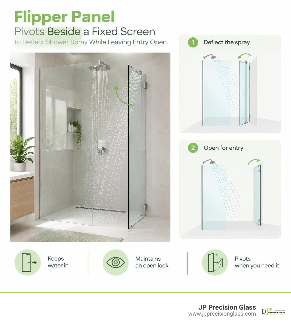 Flipper panel pivots beside a fixed screen to deflect shower spray while leaving entry open infographic Flipper panel pivots beside a fixed screen to deflect shower spray while leaving entry open infographic