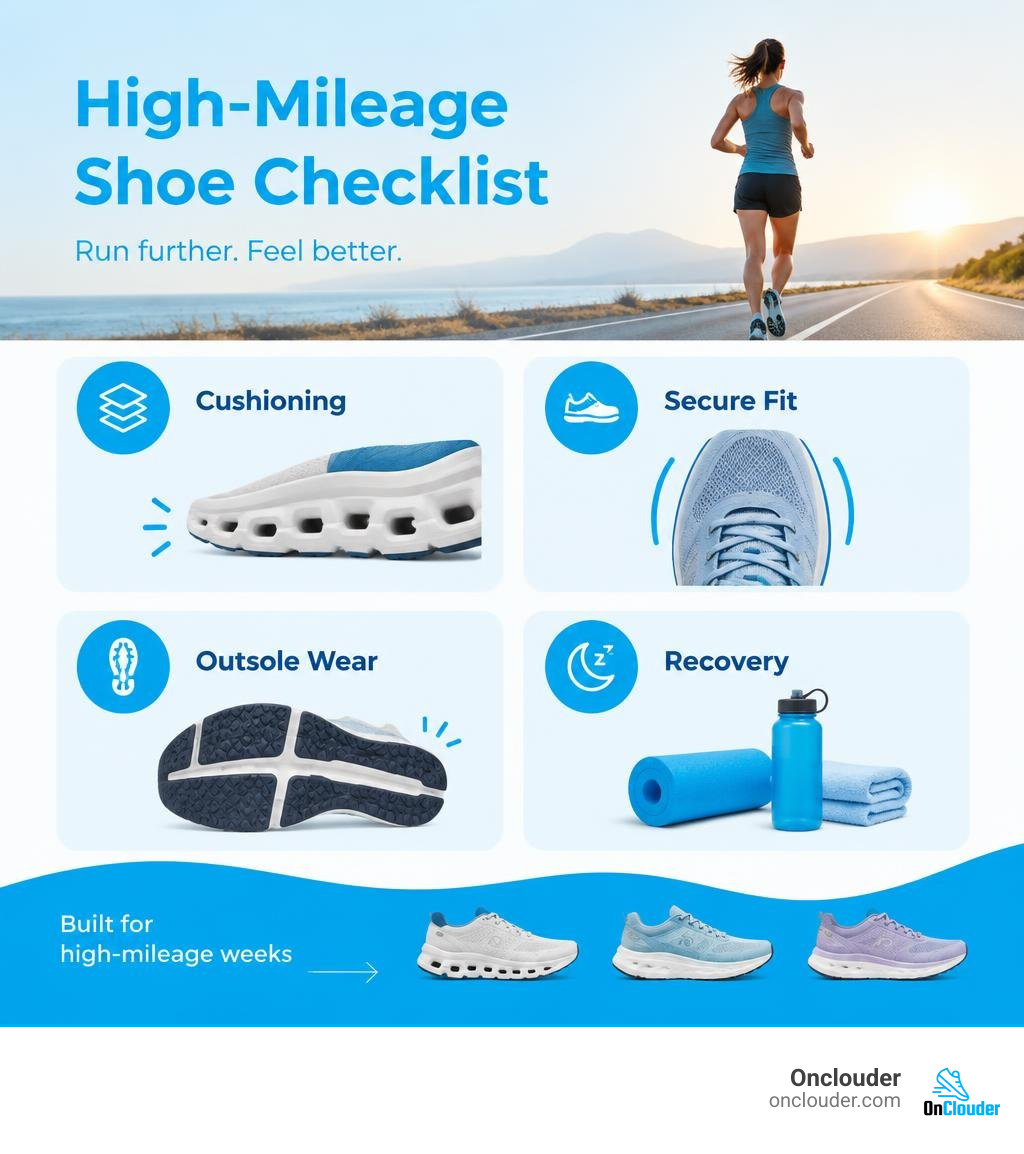 high-mileage shoe checklist: cushioning, secure fit, outsole wear, and recovery infographic high-mileage shoe checklist: cushioning, secure fit, outsole wear, and recovery infographic