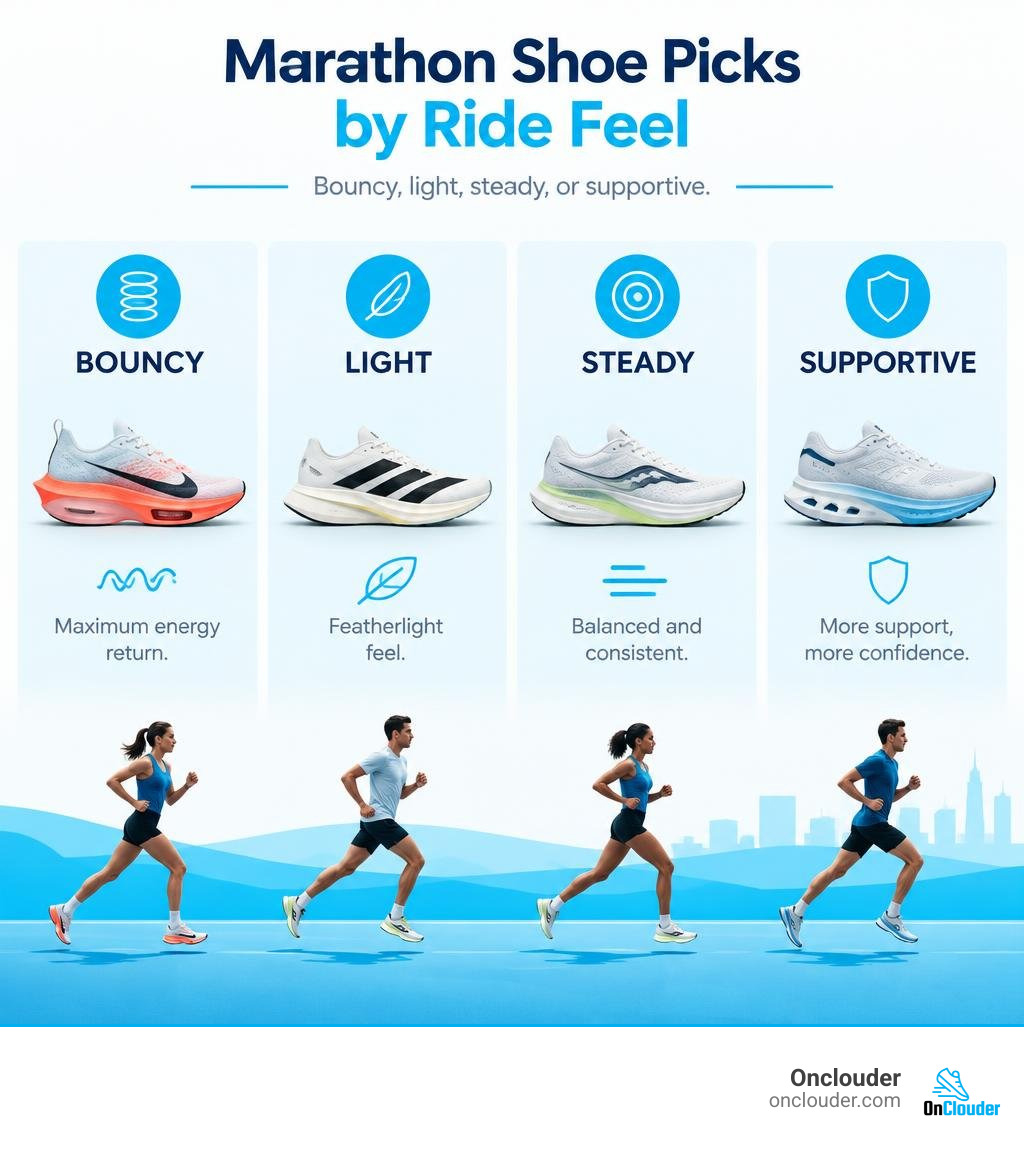 Marathon shoe picks by ride feel: bouncy, light, steady, or supportive infographic