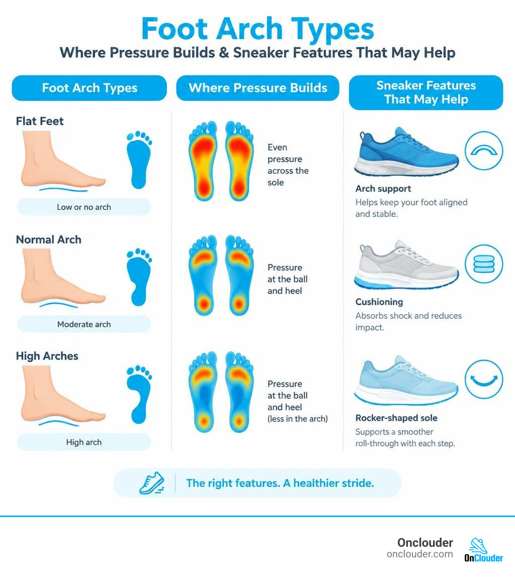 Foot arch types, where pressure builds, and sneaker features that may help infographic
