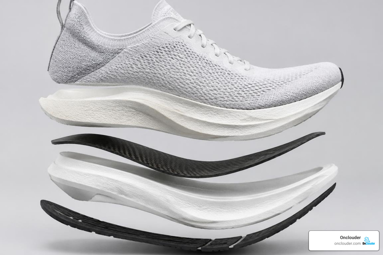 Deconstructed carbon marathon shoe showing foam layers, carbon plate, and rocker geometry