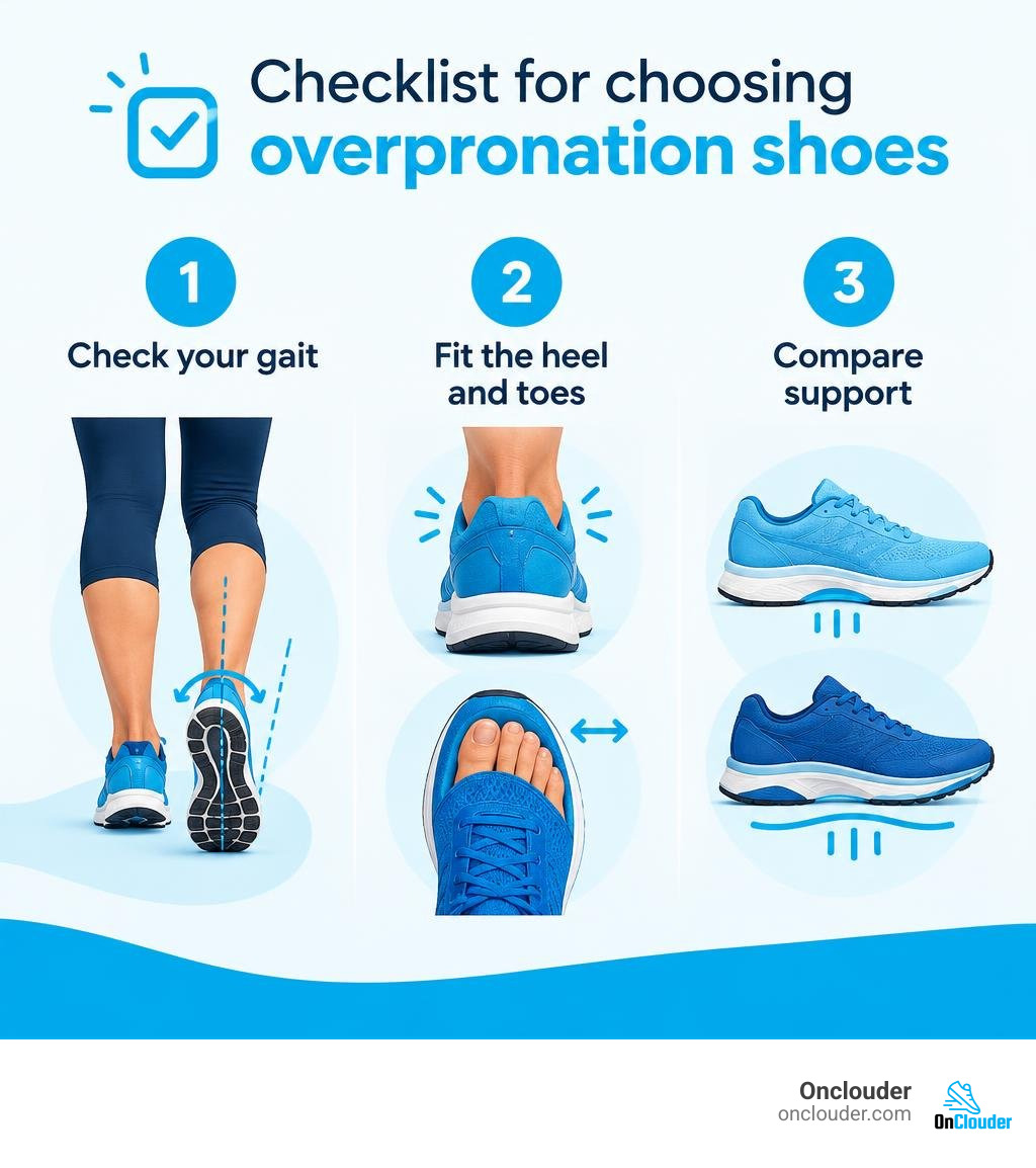 Checklist for choosing overpronation shoes: check your gait, fit the heel and toes, then compare support infographic Checklist for choosing overpronation shoes: check your gait, fit the heel and toes, then compare support infographic