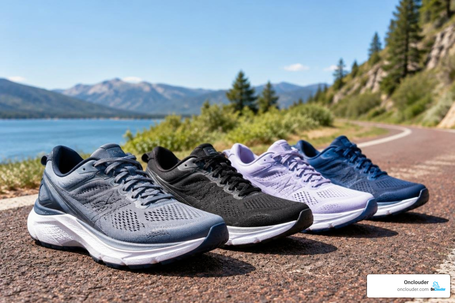 top stability running shoes lined up on a road track top stability running shoes lined up on a road track