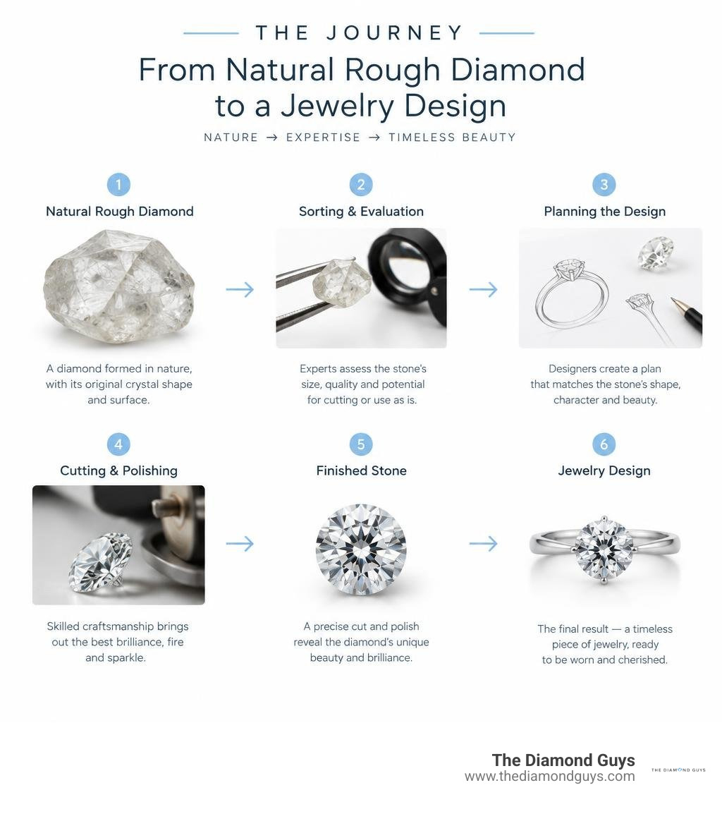 Journey from natural rough diamond to a jewelry design or cut and polished stone infographic