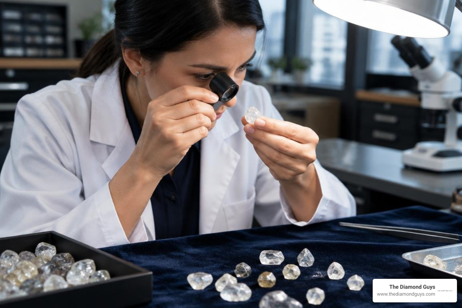 Gemologist examining uncut diamond parcel