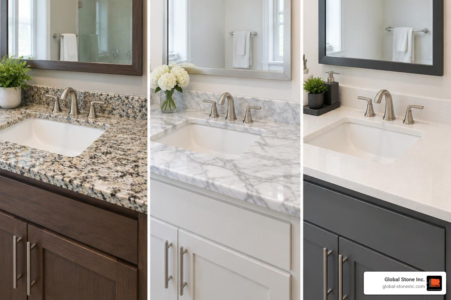 Comparison of granite marble and quartz vanity tops side by side