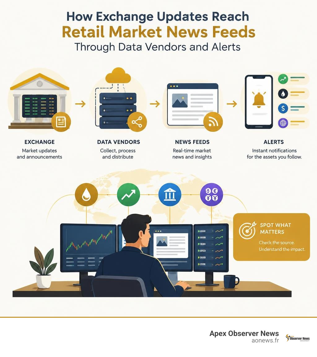 How exchange updates reach retail market news feeds through data vendors and alerts infographic How exchange updates reach retail market news feeds through data vendors and alerts infographic