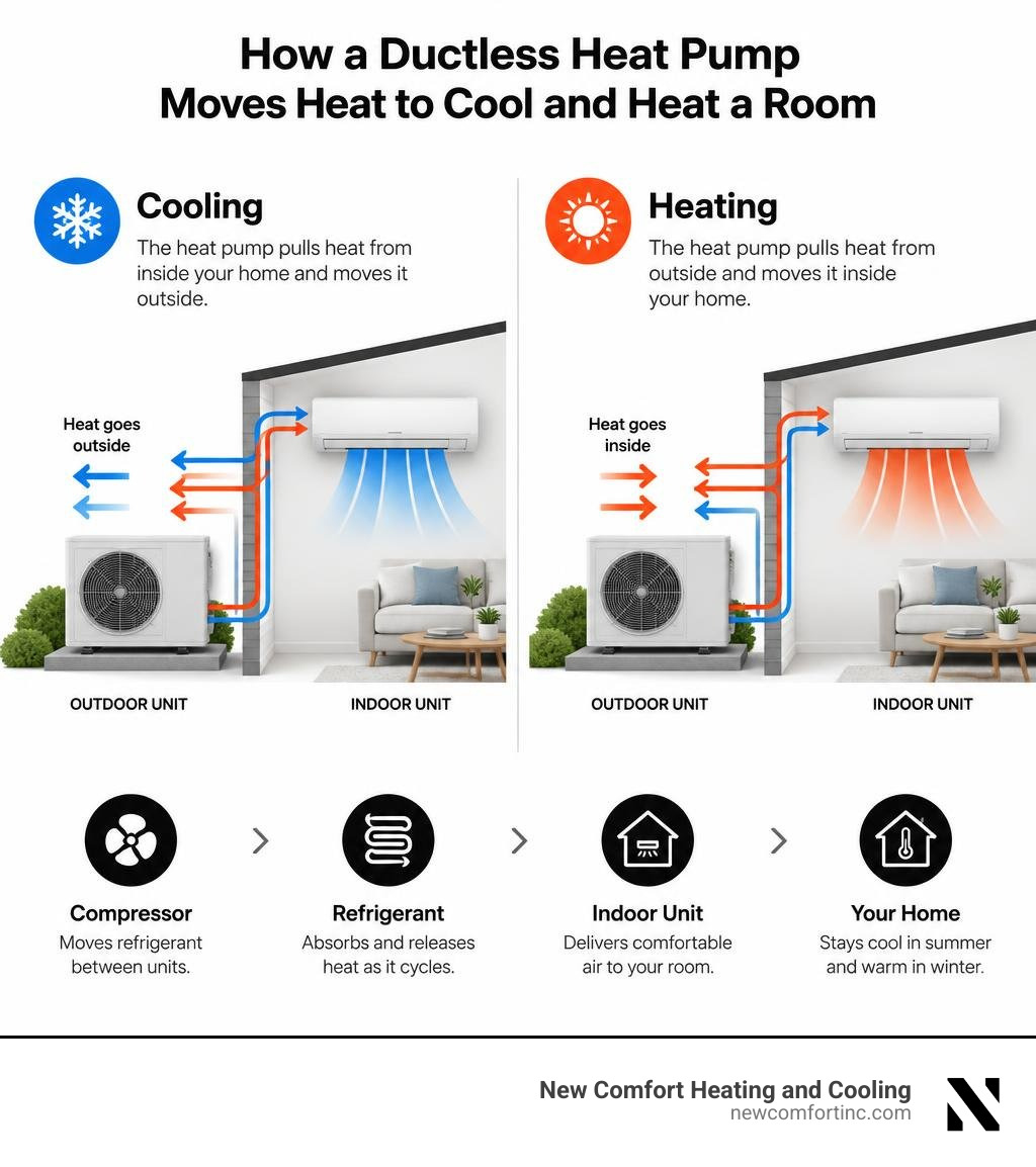 How a ductless heat pump moves heat to cool and heat a room infographic How a ductless heat pump moves heat to cool and heat a room infographic