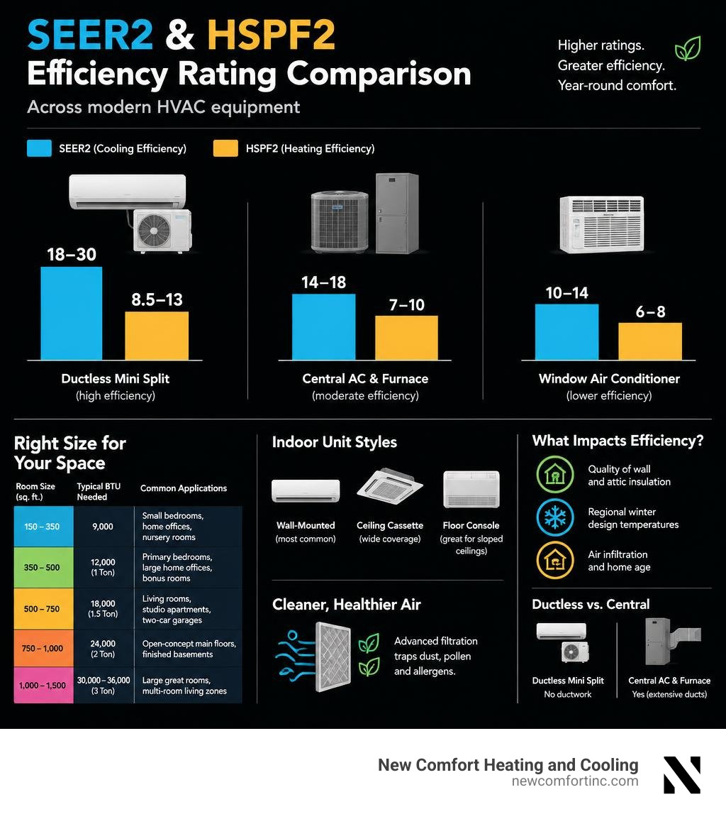 SEER2 and HSPF2 efficiency rating comparison across modern HVAC equipment infographic SEER2 and HSPF2 efficiency rating comparison across modern HVAC equipment infographic