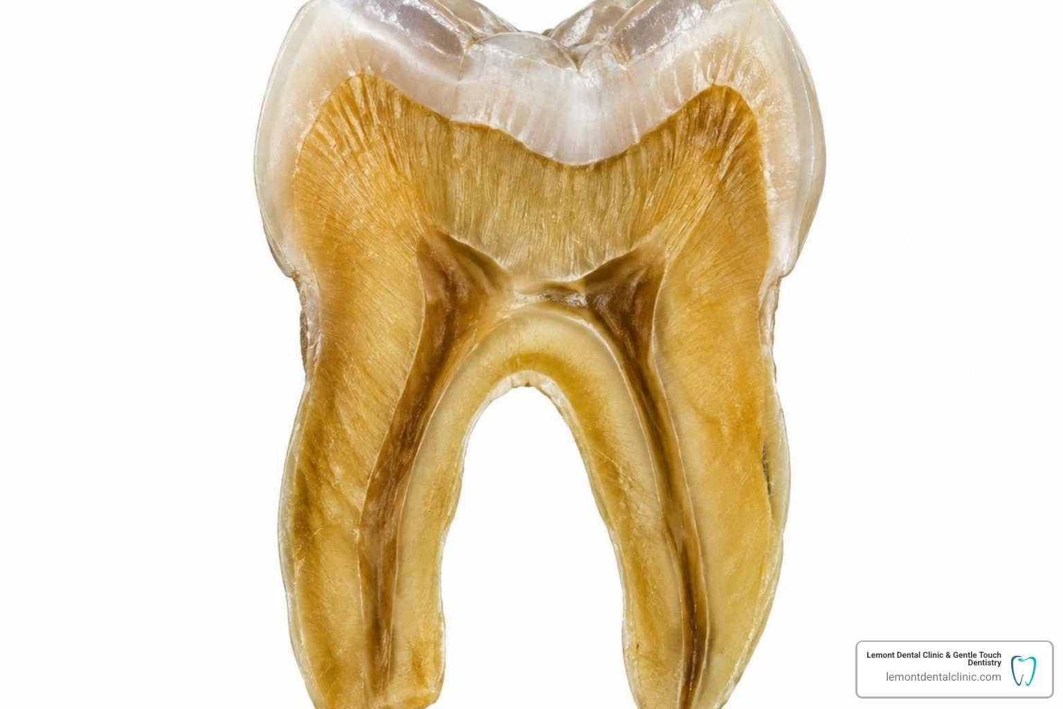 Cross-section of an aging tooth showing thin enamel and thick secondary dentin