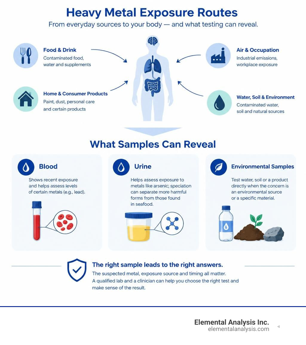 Heavy metal exposure routes and what blood, urine, and environmental samples can reveal infographic