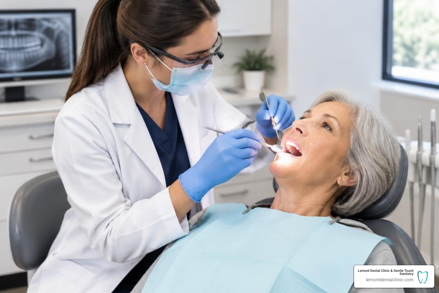 Dentist conducting a pre-whitening clinical exam on an older patient
