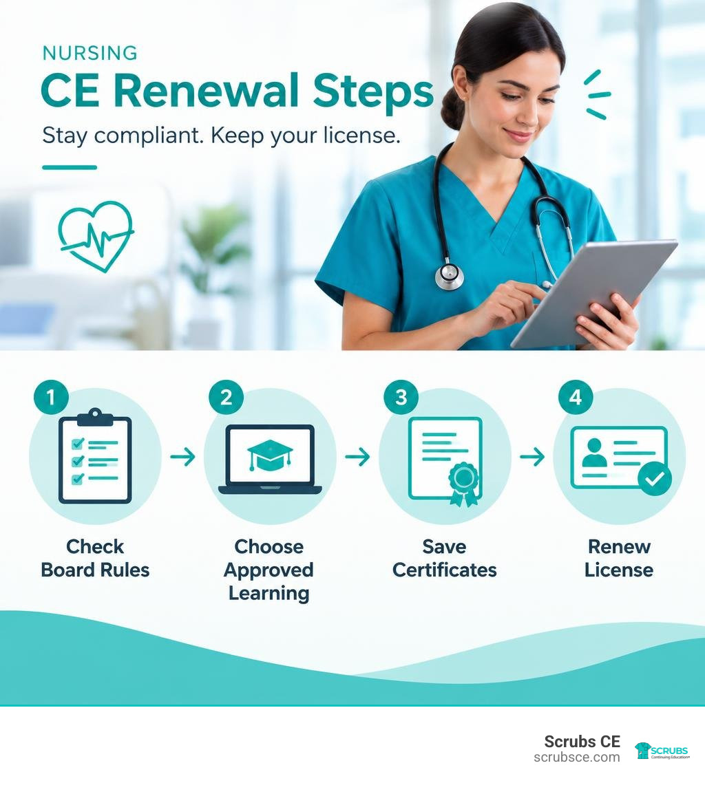 nursing CE renewal steps: check board rules, choose approved learning, save certificates, renew license infographic nursing CE renewal steps: check board rules, choose approved learning, save certificates, renew license infographic
