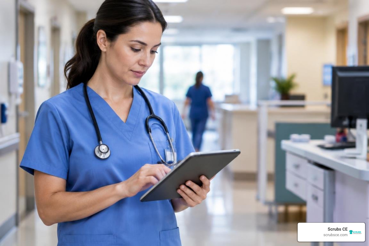 registered nurse reviewing continuing education on a tablet in a hospital registered nurse reviewing continuing education on a tablet in a hospital