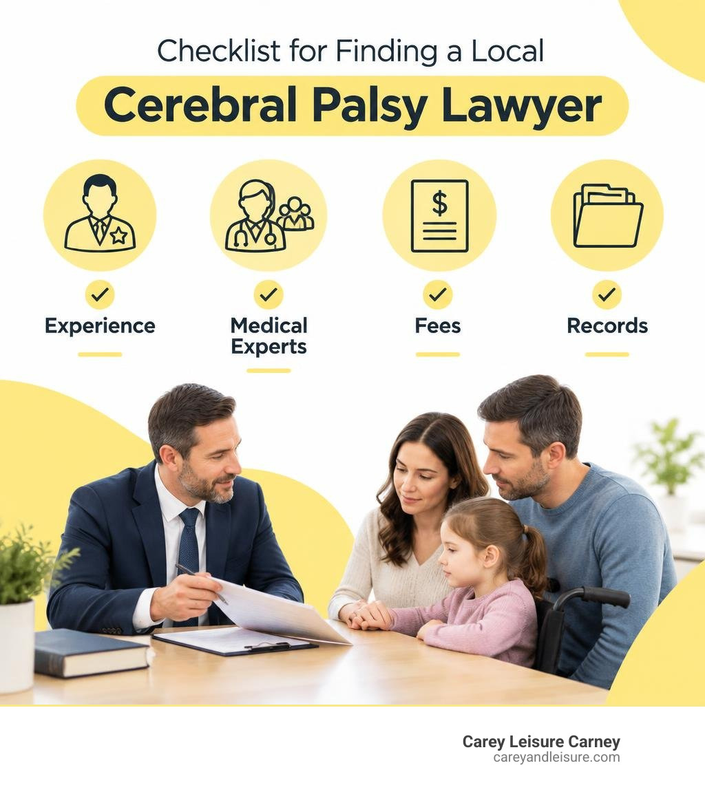 Checklist for finding a local cerebral palsy lawyer: experience, medical experts, fees, and records infographic