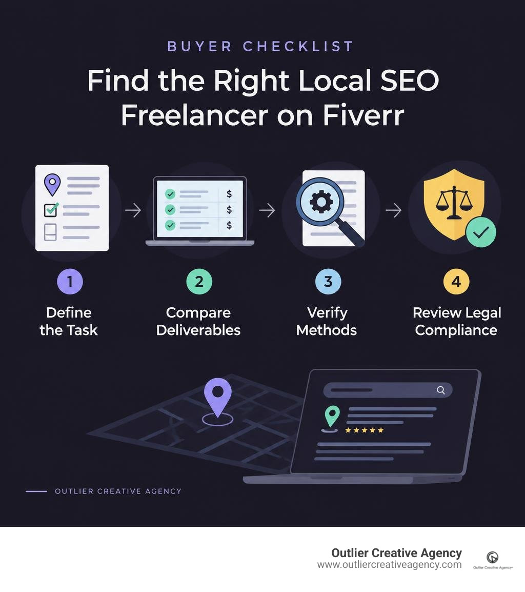 Buyer checklist: define the task, compare deliverables, verify methods, and review legal compliance infographic