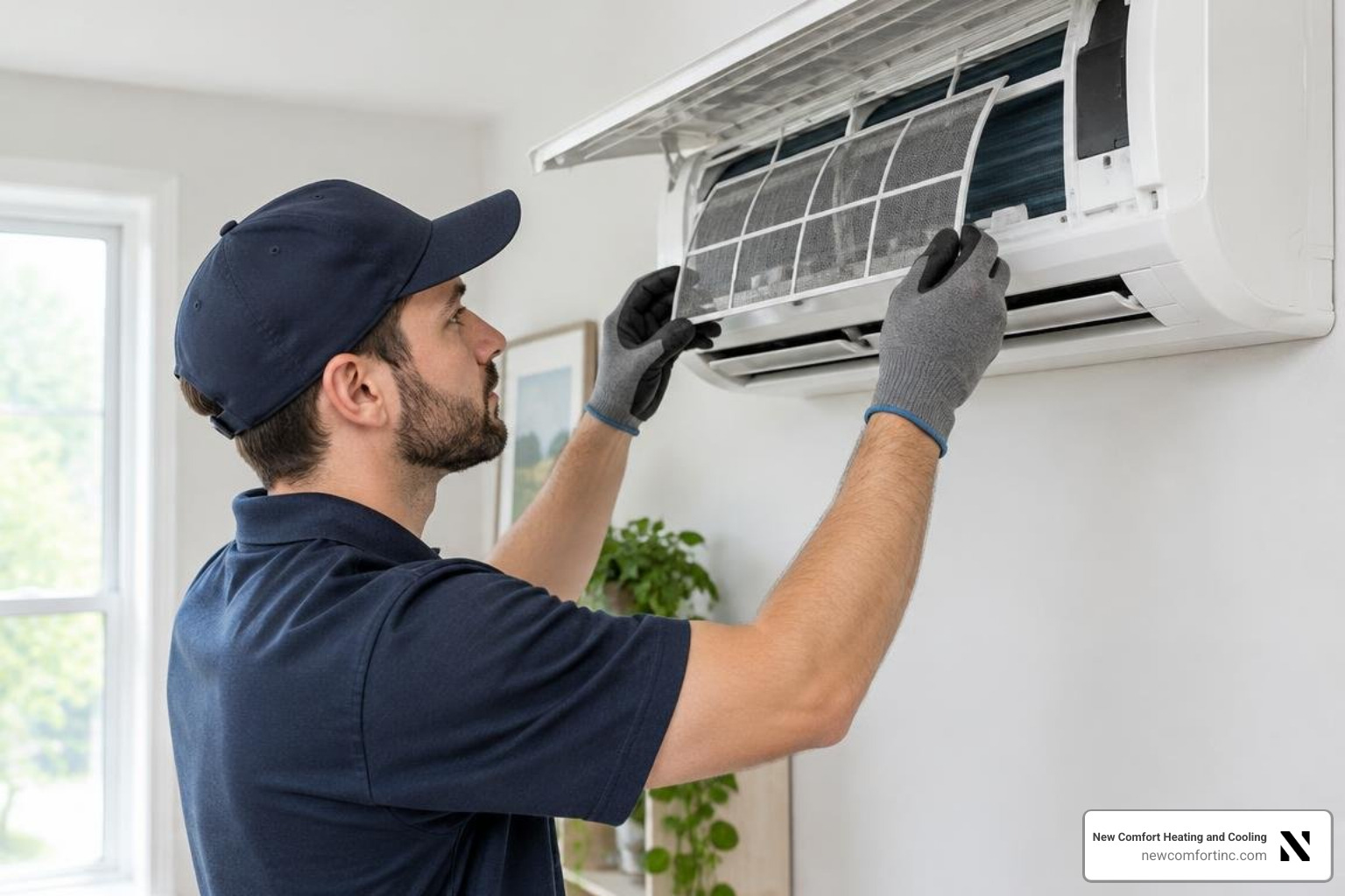 HVAC technician servicing a ductless mini split air filter and indoor unit HVAC technician servicing a ductless mini split air filter and indoor unit