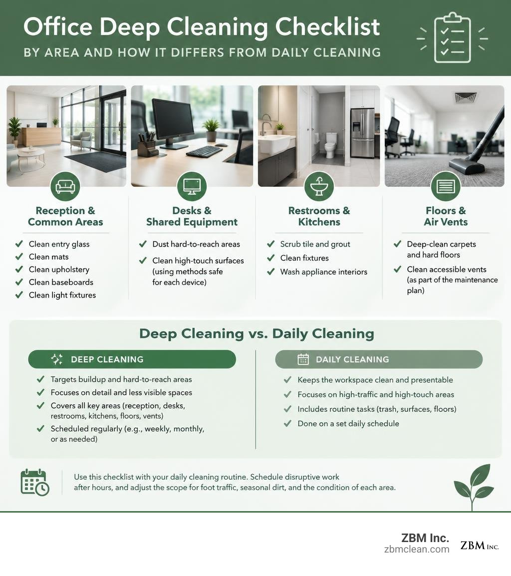 Office deep cleaning checklist by area and how it differs from daily cleaning infographic Office deep cleaning checklist by area and how it differs from daily cleaning infographic