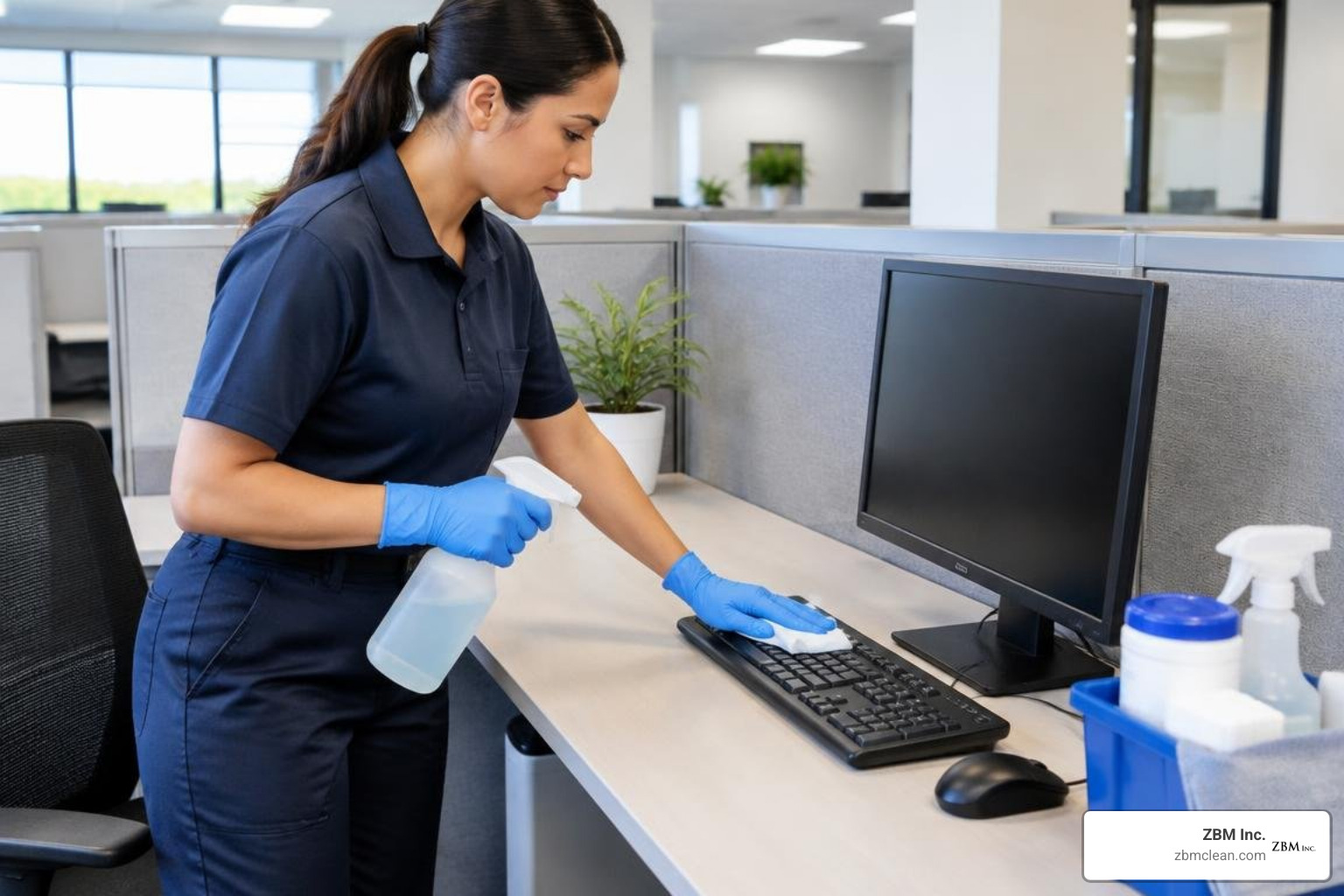 technician sanitizing computer keyboards and desk partitions technician sanitizing computer keyboards and desk partitions