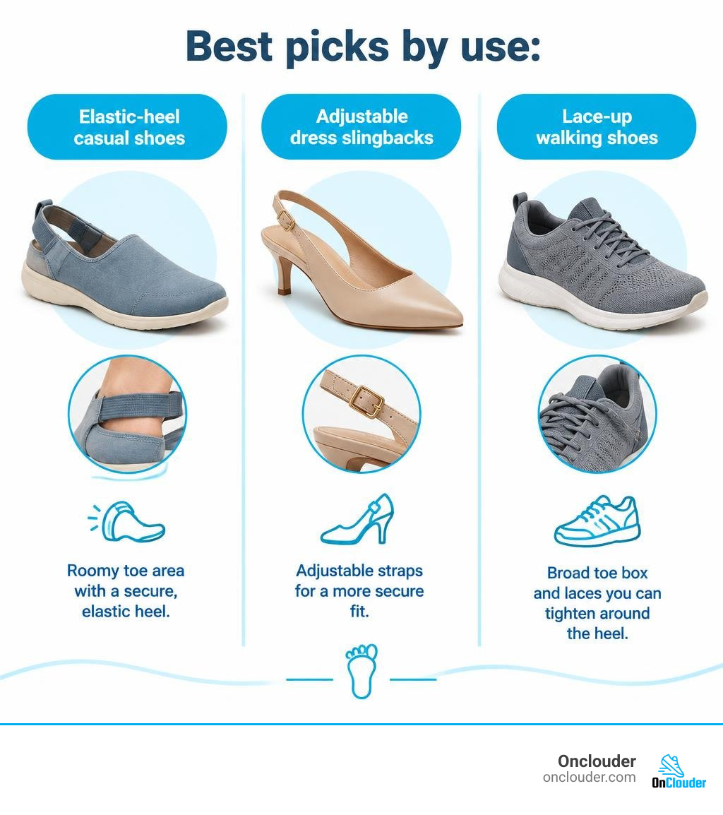 Best picks by use: elastic-heel casual shoes, adjustable dress slingbacks, and lace-up walking shoes infographic Best picks by use: elastic-heel casual shoes, adjustable dress slingbacks, and lace-up walking shoes infographic