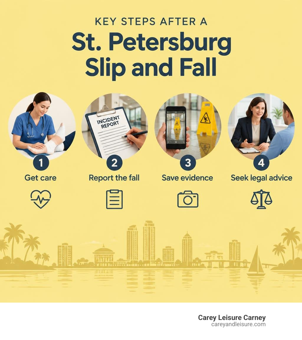 Key steps after a St. Petersburg slip and fall: get care, report the fall, save evidence, and seek legal advice infographic