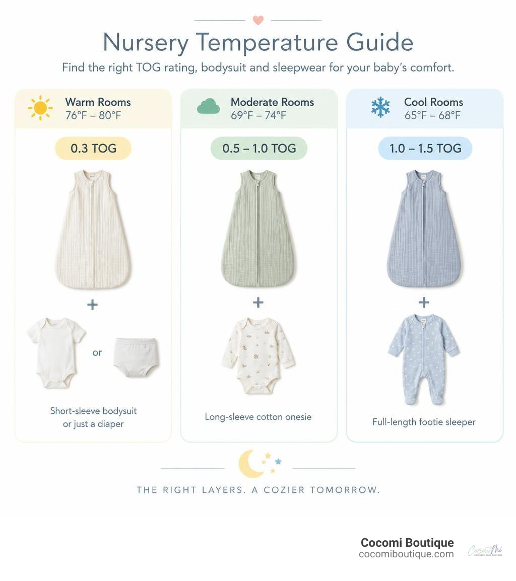 Nursery temperature guide showing TOG ratings paired with infant bodysuits and sleepwear infographic Nursery temperature guide showing TOG ratings paired with infant bodysuits and sleepwear infographic