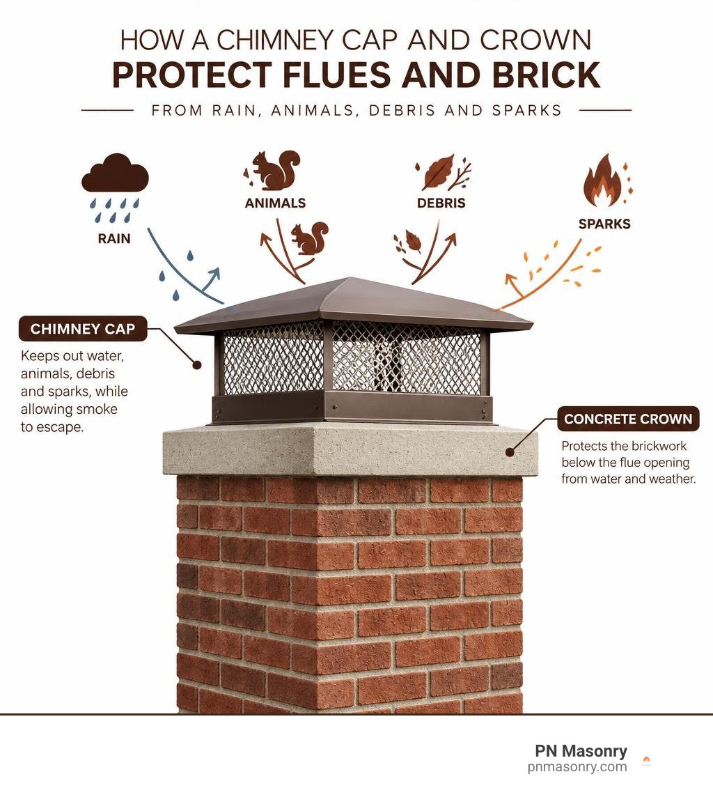 How a chimney cap and crown protect flues and brick from rain, animals, debris, and sparks infographic