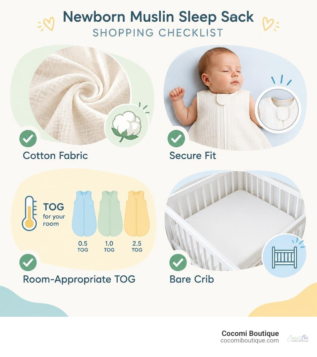 Newborn muslin sleep sack shopping checklist showing cotton fabric, secure fit, room-appropriate TOG, and bare crib Newborn muslin sleep sack shopping checklist showing cotton fabric, secure fit, room-appropriate TOG, and bare crib