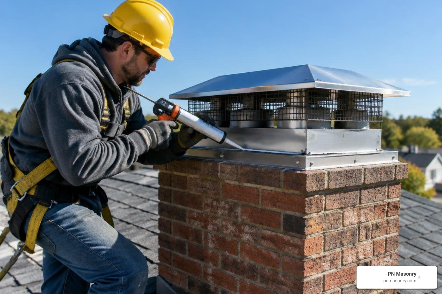 Mason securing a multi-flue chimney cap with anchors and sealant