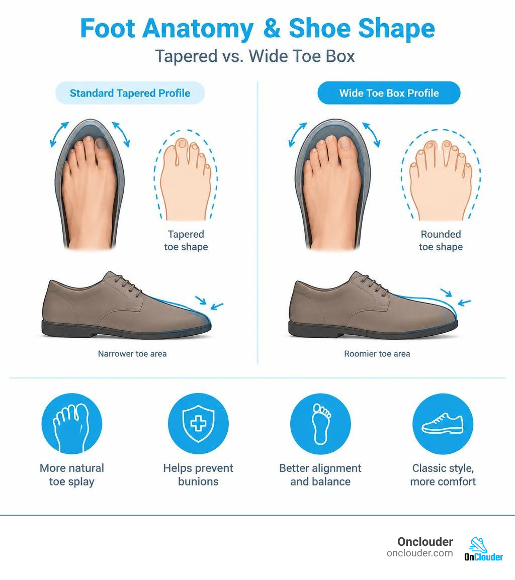Foot anatomy comparison showing standard tapered shoe profiles versus wide toe box dimensions infographic Foot anatomy comparison showing standard tapered shoe profiles versus wide toe box dimensions infographic