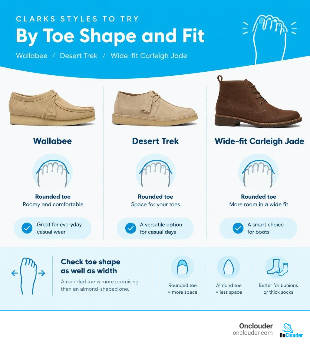 Clarks styles to try by toe shape and fit: Wallabee, Desert Trek, and wide-fit Carleigh Jade infographic Clarks styles to try by toe shape and fit: Wallabee, Desert Trek, and wide-fit Carleigh Jade infographic
