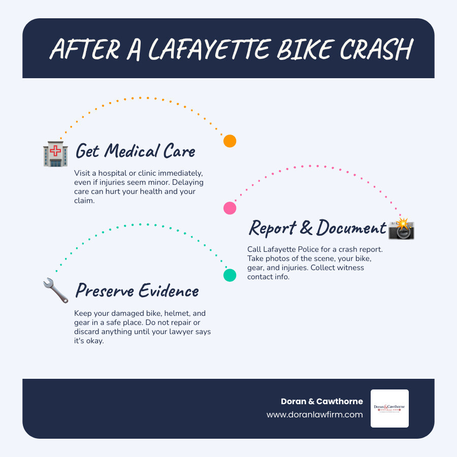 Steps after a Lafayette bike crash: get care, report the crash, save evidence, seek legal advice infographic Steps after a Lafayette bike crash: get care, report the crash, save evidence, seek legal advice infographic
