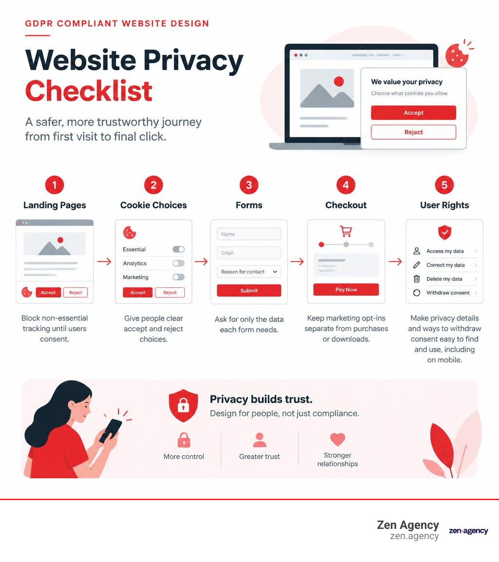 Website privacy checklist covering landing pages, cookie choices, forms, checkout, and user rights infographic Website privacy checklist covering landing pages, cookie choices, forms, checkout, and user rights infographic
