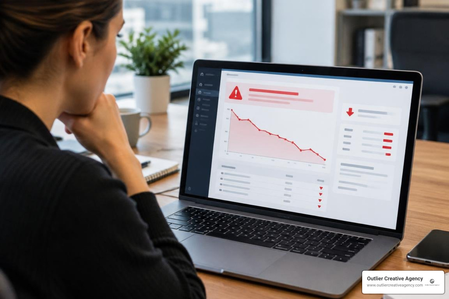 warning notification on an analytics dashboard indicating search ranking drops