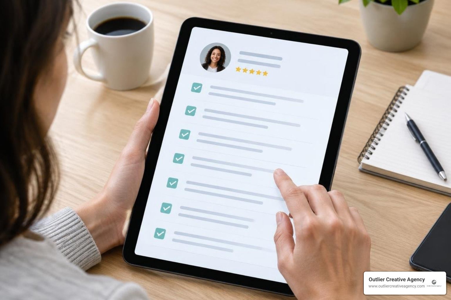 freelancer profile review checklist on a tablet display