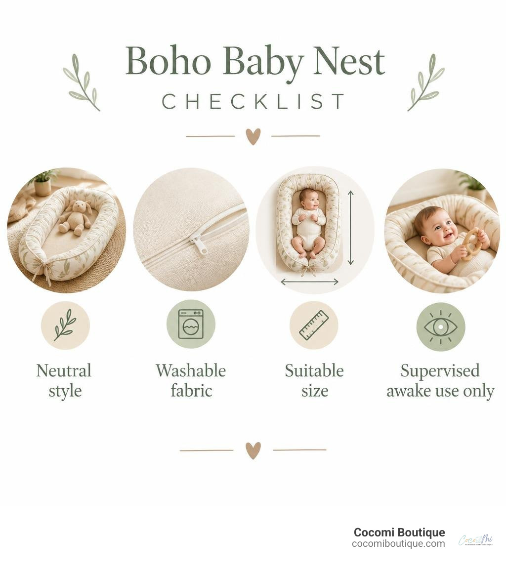 Boho baby nest checklist: neutral style, washable fabric, suitable size, supervised awake use only infographic
