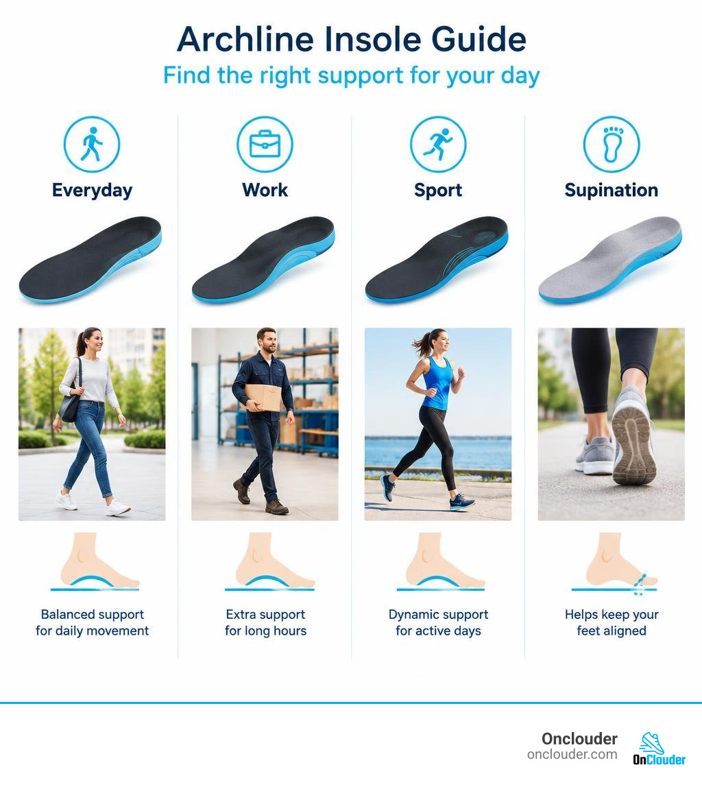 Archline insole guide comparing everyday, work, sport, and supination support infographic