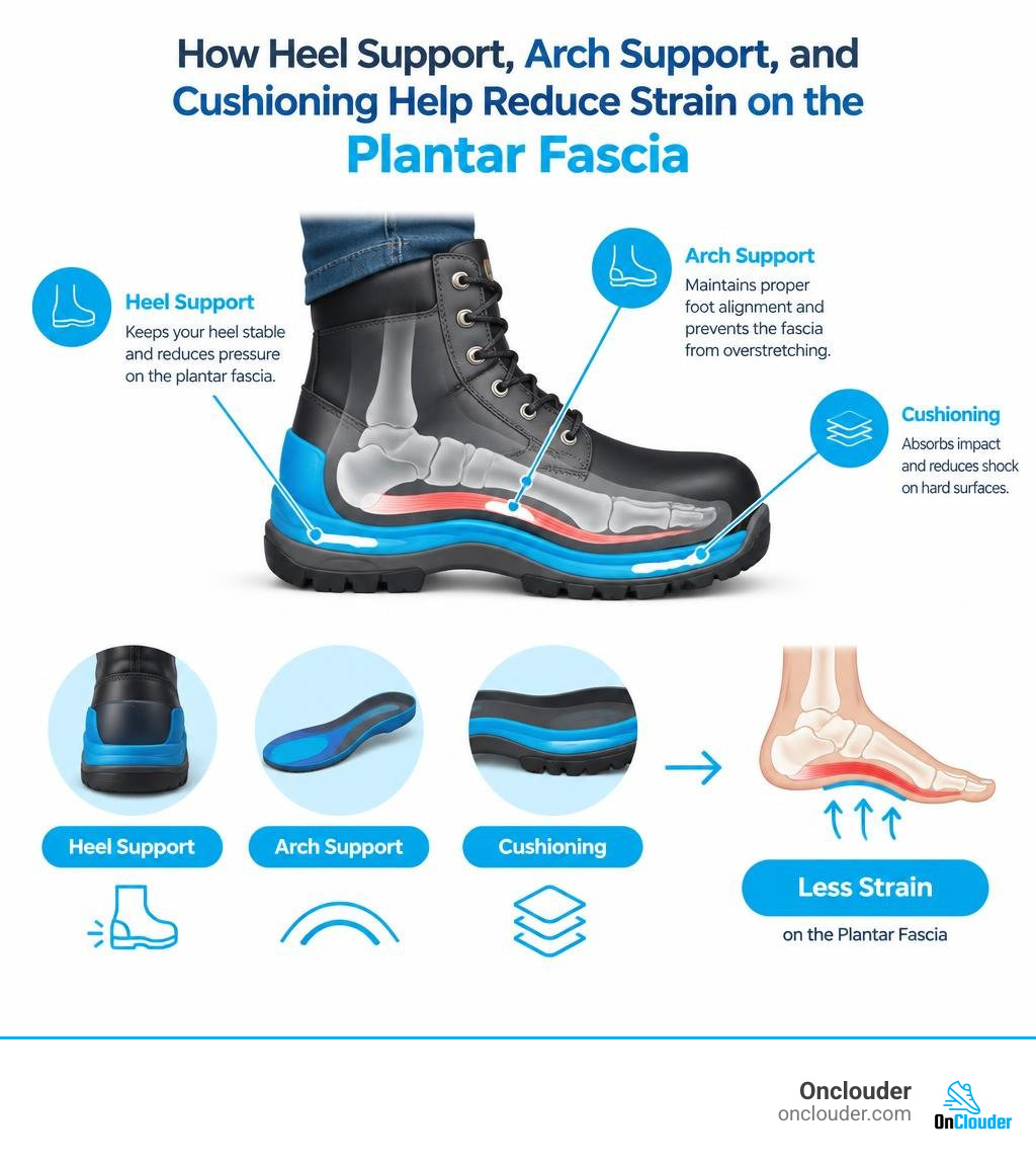 How heel support, arch support, and cushioning help reduce strain on the plantar fascia infographic How heel support, arch support, and cushioning help reduce strain on the plantar fascia infographic