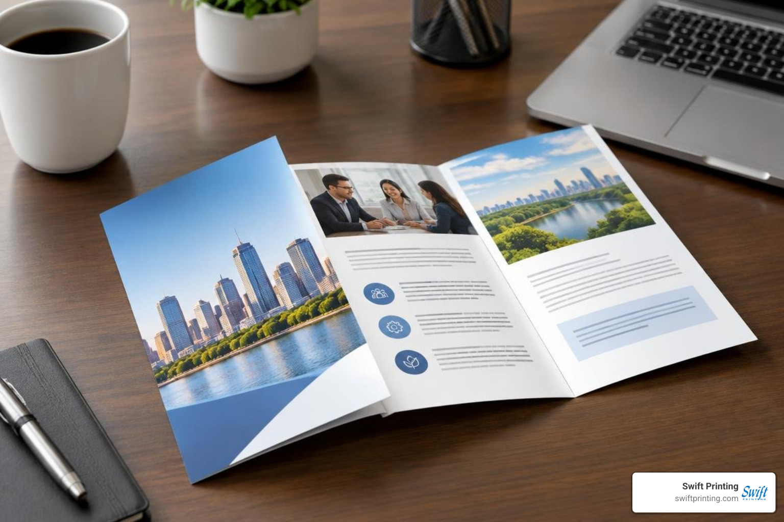 premium single-fold brochure on an executive desk