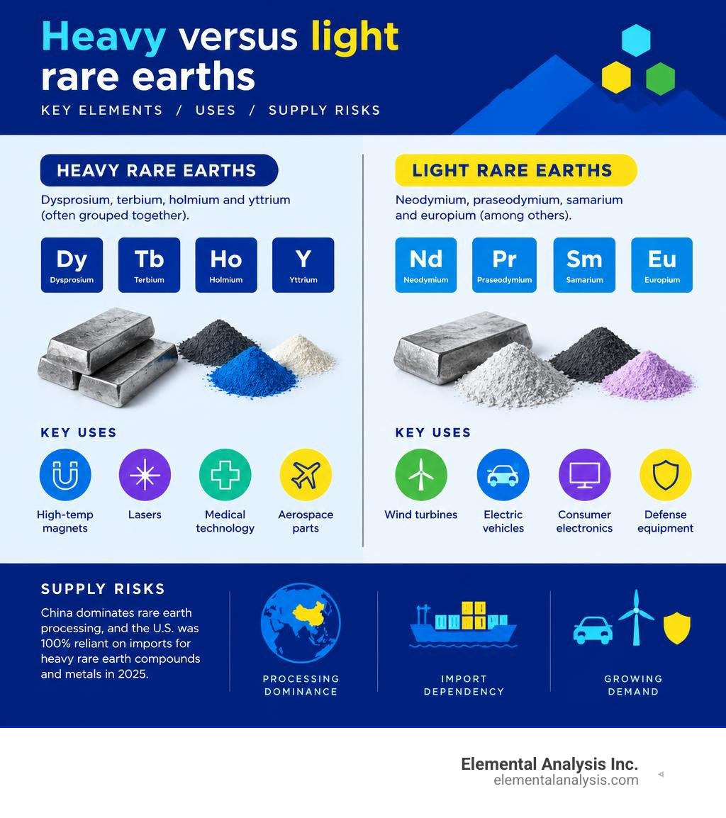 Heavy versus light rare earths: key elements, uses, and supply risks infographic Heavy versus light rare earths: key elements, uses, and supply risks infographic