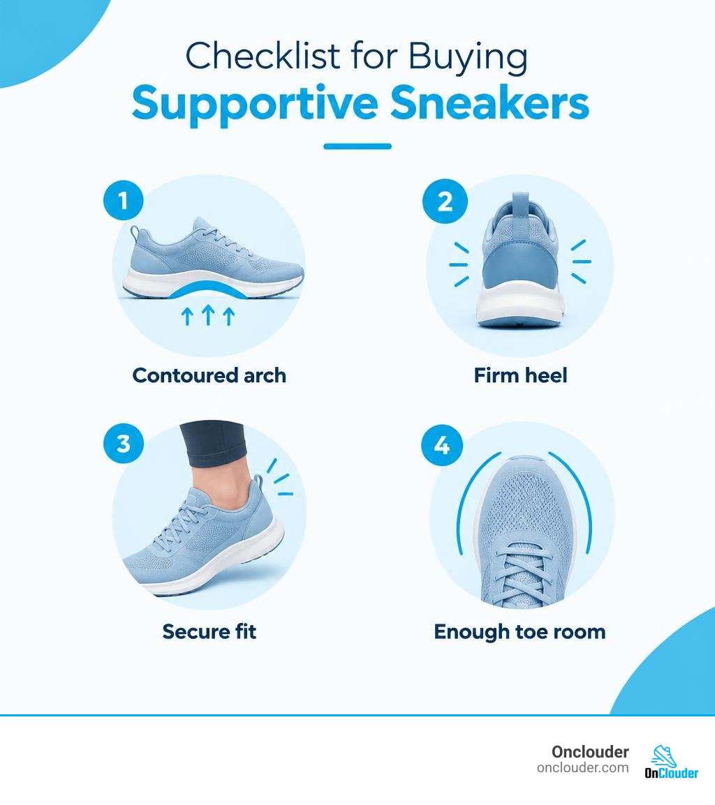 Checklist for buying supportive sneakers: contoured arch, firm heel, secure fit, and enough toe room infographic Checklist for buying supportive sneakers: contoured arch, firm heel, secure fit, and enough toe room infographic