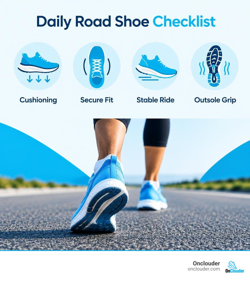 Daily road shoe checklist: cushioning, secure fit, stable ride, and outsole grip infographic Daily road shoe checklist: cushioning, secure fit, stable ride, and outsole grip infographic