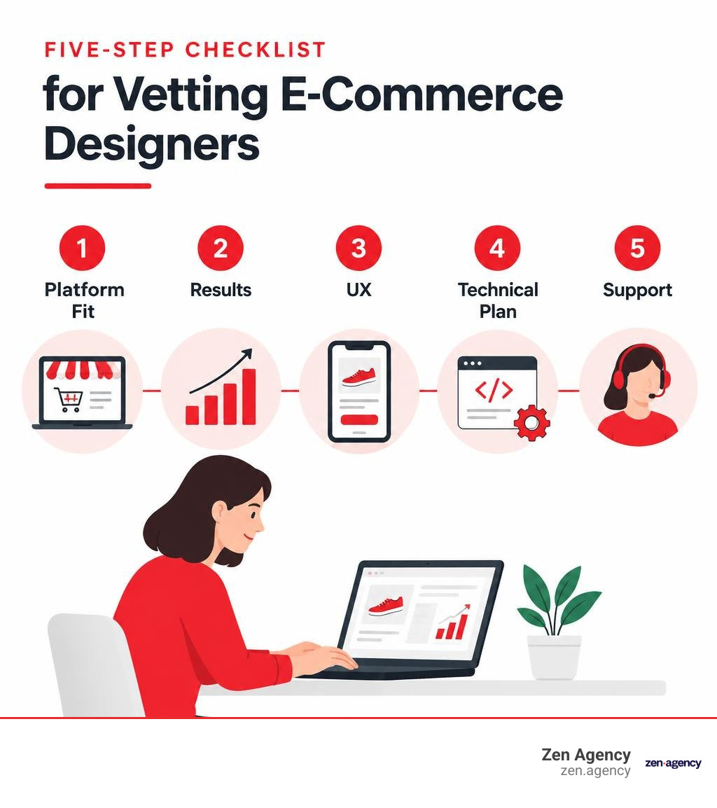 Five-step checklist for vetting ecommerce designers: platform fit, results, UX, technical plan, and support infographic Five-step checklist for vetting ecommerce designers: platform fit, results, UX, technical plan, and support infographic