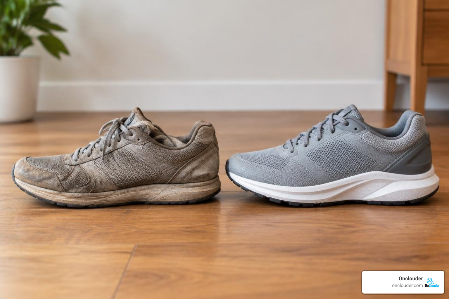 Worn out sneakers compared to a new pair with structured support Worn out sneakers compared to a new pair with structured support