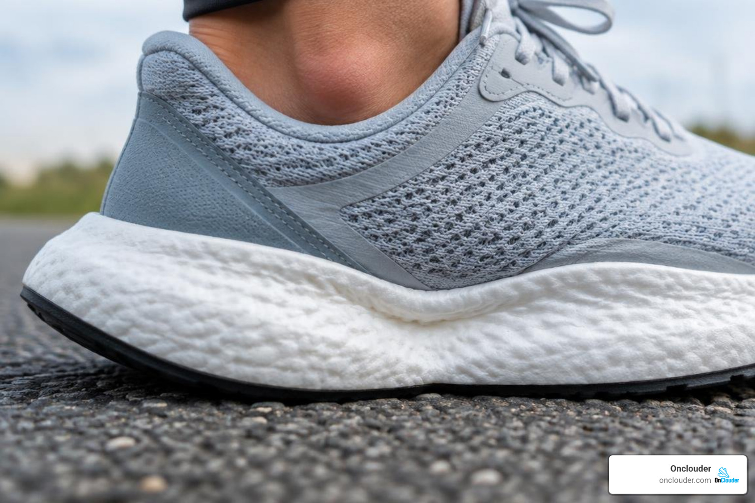 Close-up of nitrogen-infused midsole foam compressing under foot Close-up of nitrogen-infused midsole foam compressing under foot