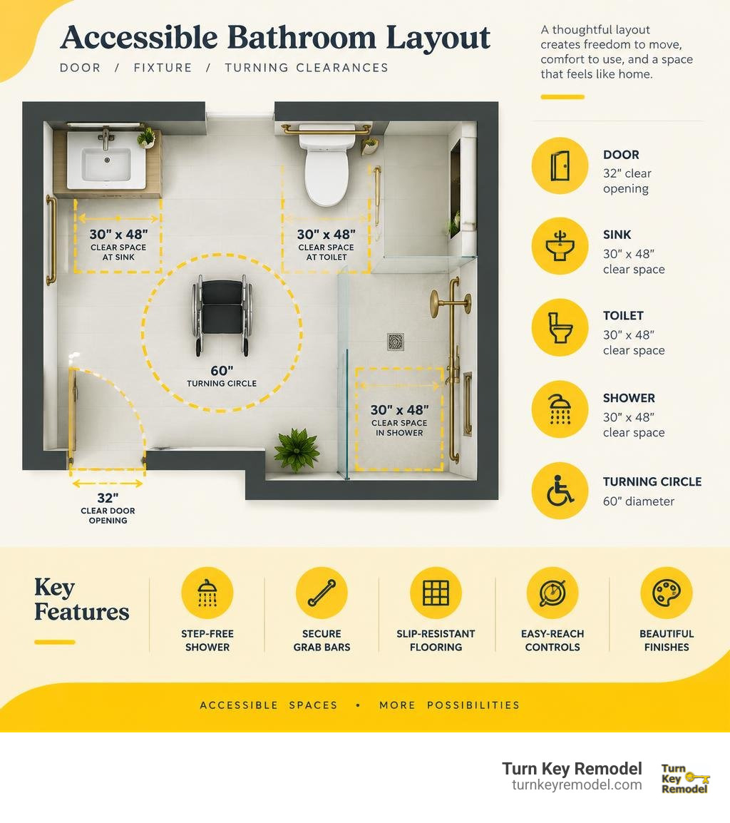 accessible bathroom layout showing door, fixture, and wheelchair turning clearances infographic accessible bathroom layout showing door, fixture, and wheelchair turning clearances infographic