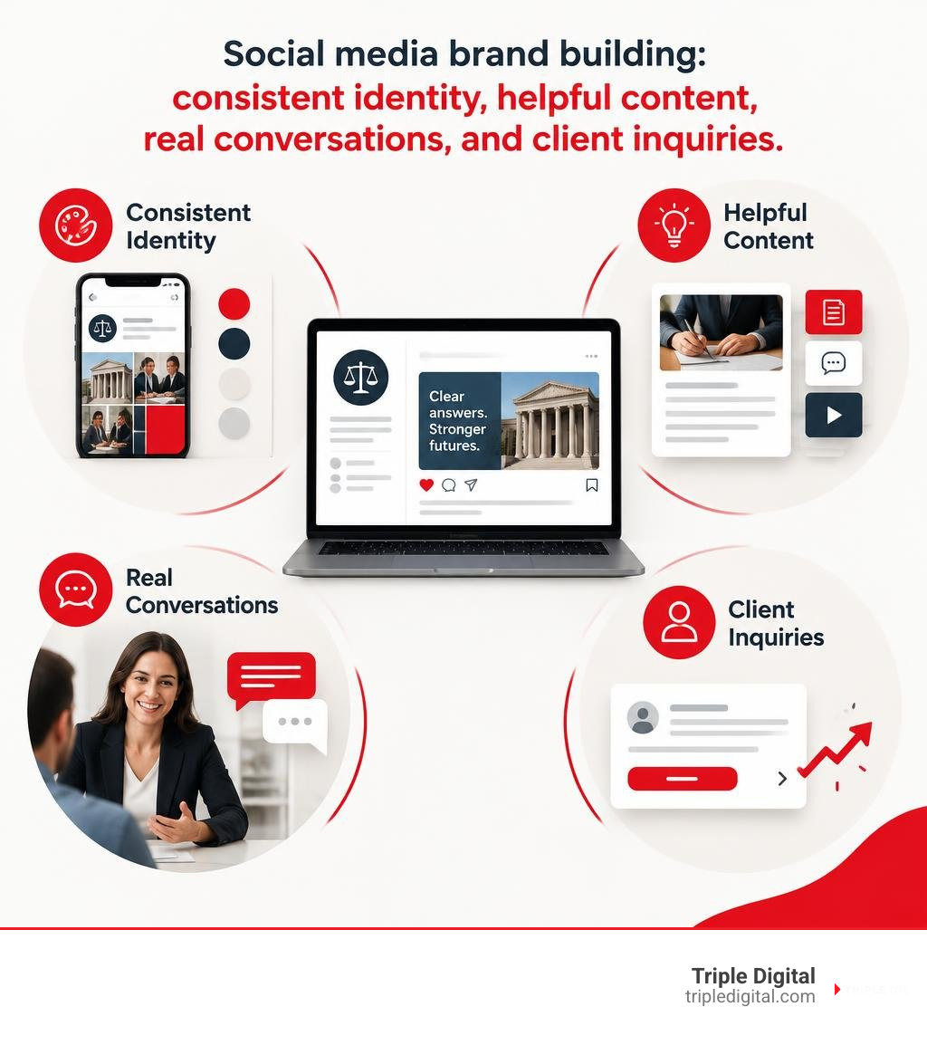 Social media brand building: consistent identity, helpful content, real conversations, and client inquiries infographic